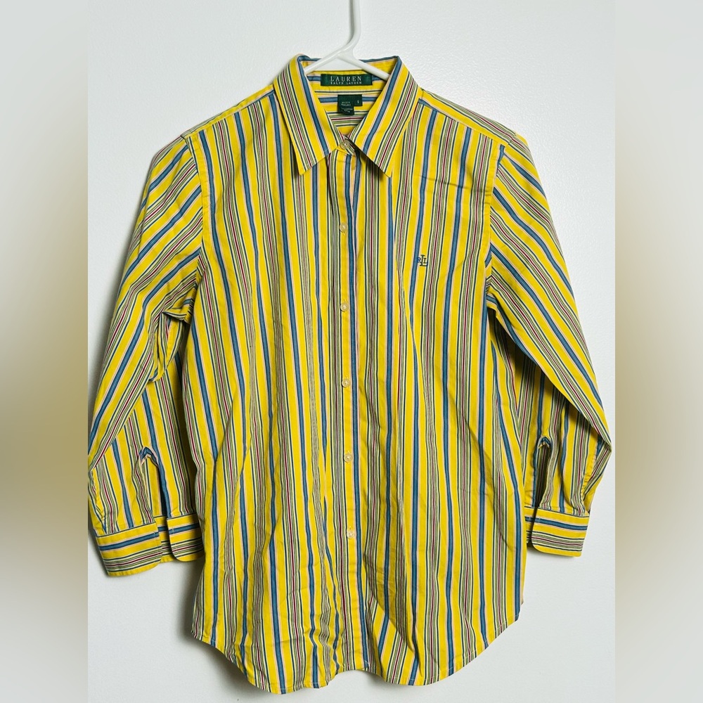 Lauren Ralph Lauren Women's Small  Yellow Blue Striped Button Front Cotton Top